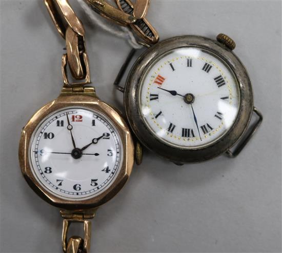 An early 20th century 9ct gold wrist watch on a 9ct gold flexible bracelet and a silver wrist watch (no strap).